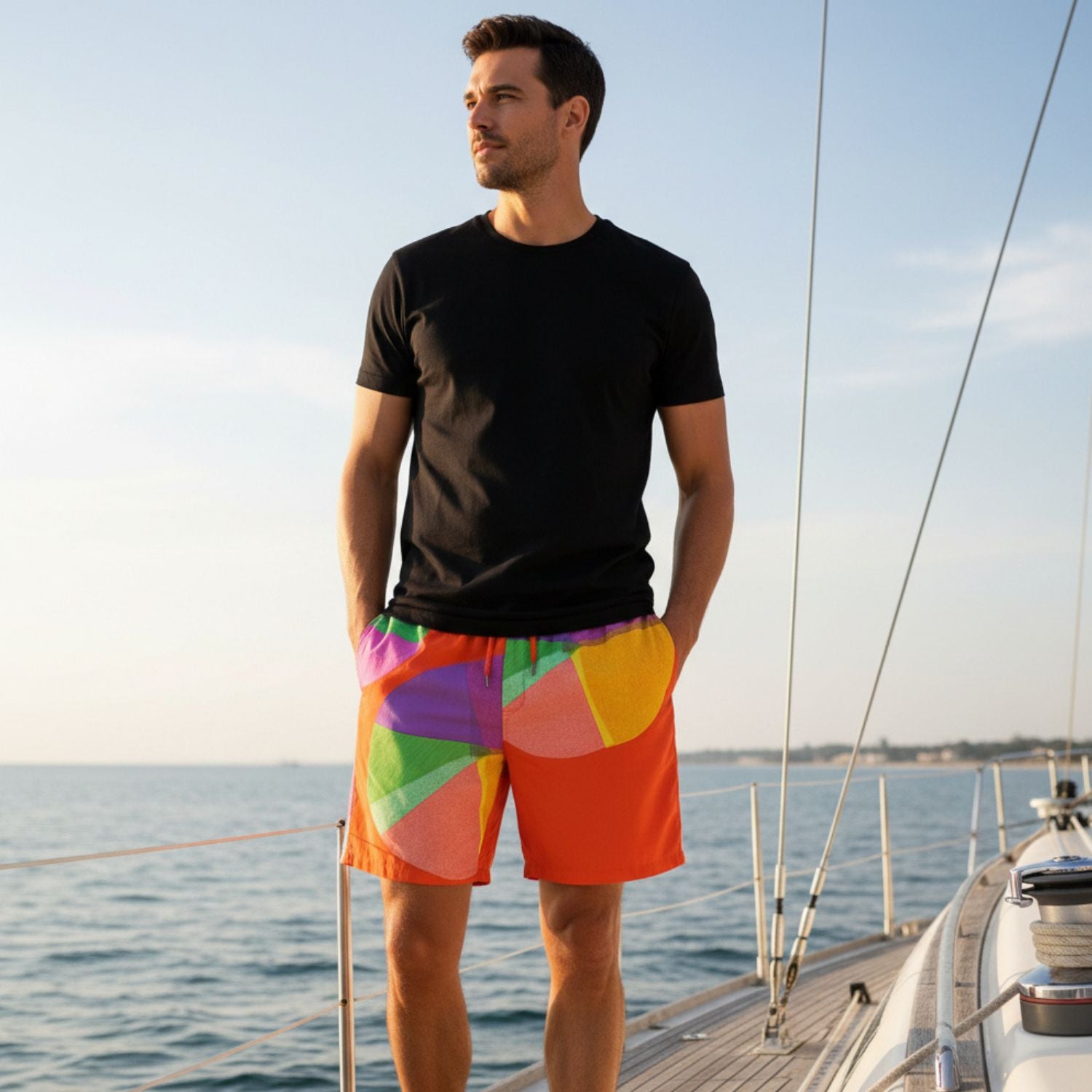 Hombre vestido con pantalones cortos coloridos y una camisa negra en un velero