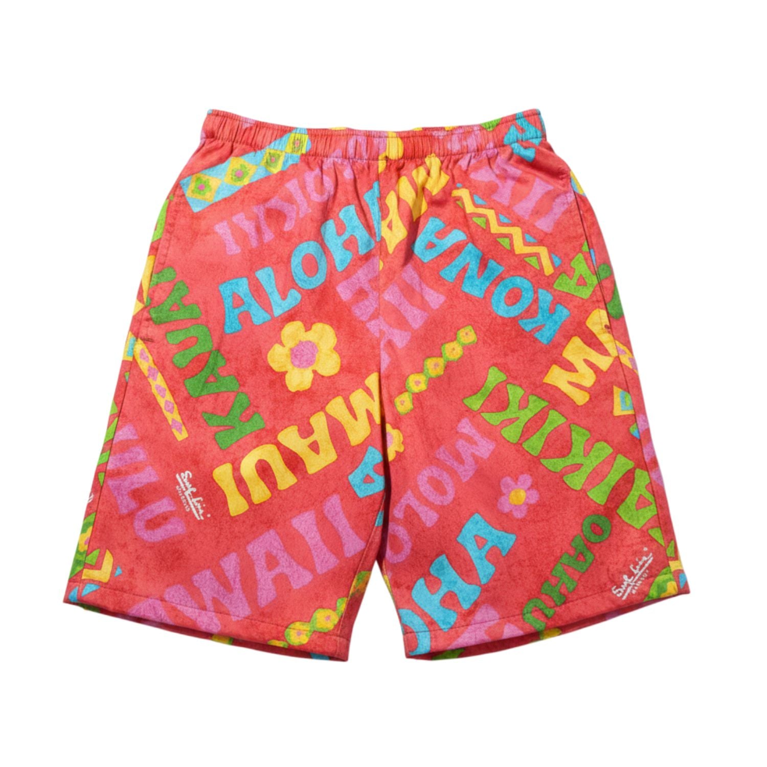 Colorful shorts with Hawaiian text and graphics on a white background