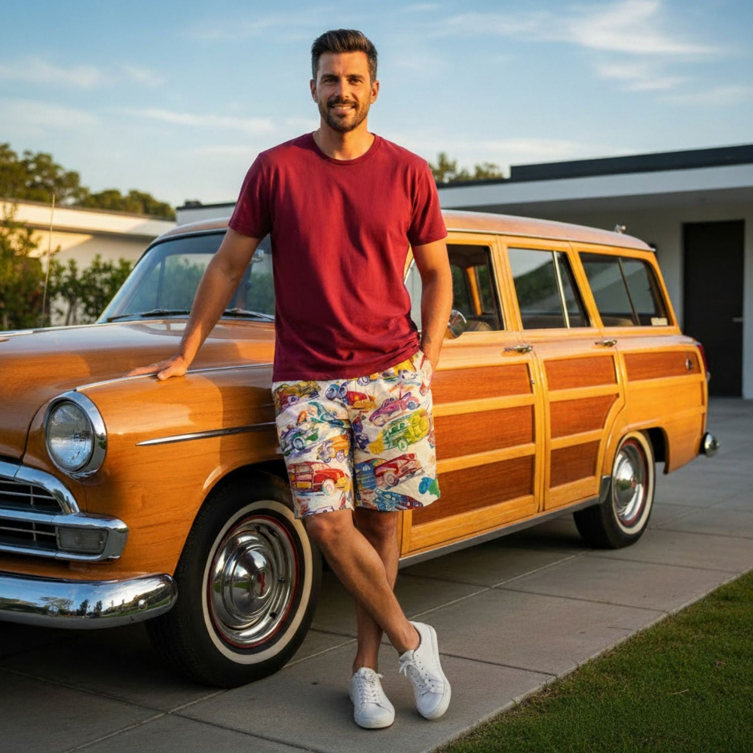 Man in a red shirt and colorful shorts standing next to a vintage wooden-panel car.