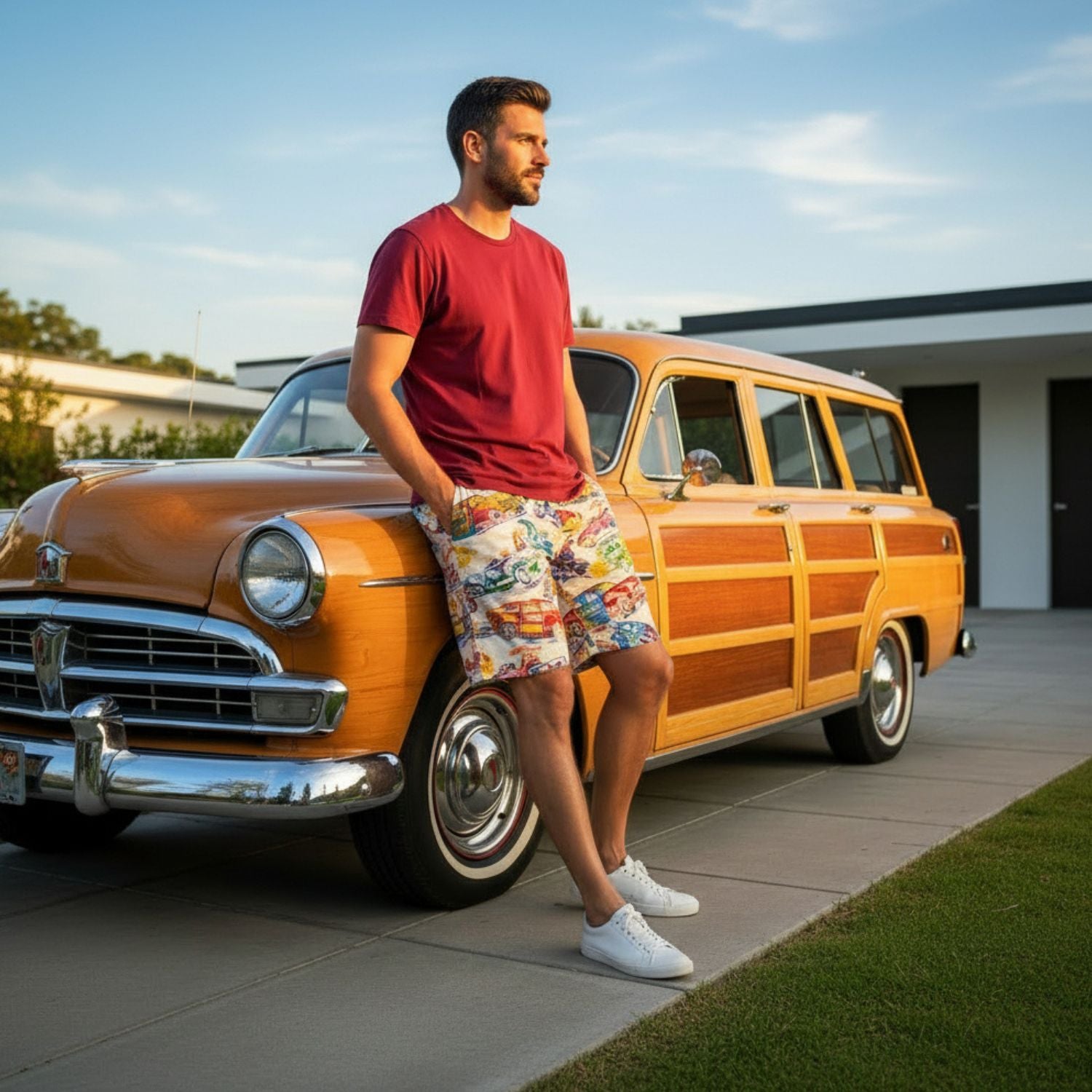 Man leaning against a vintage orange car with a wooden panel design, wearing a red shirt and colorful shorts.