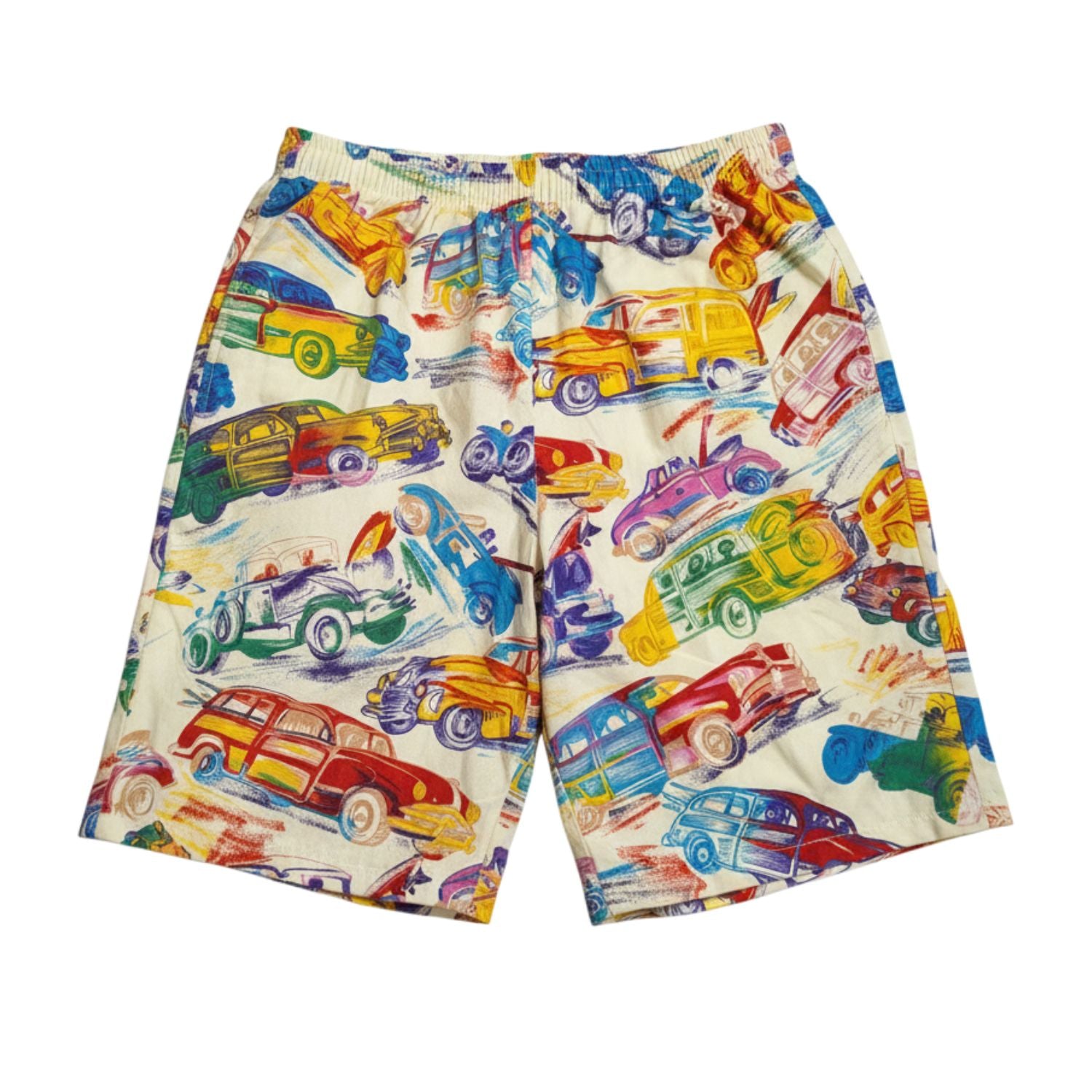 Colorful shorts with car pattern on a white background