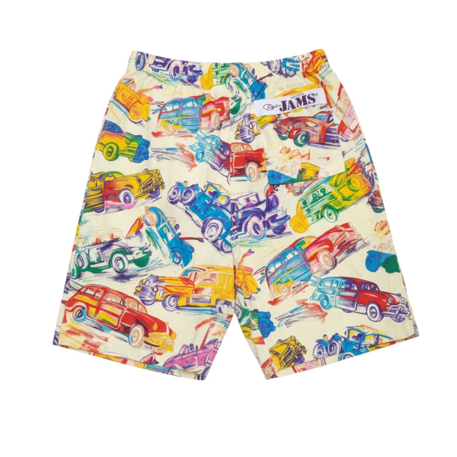Colorful shorts with vintage car pattern on a white background