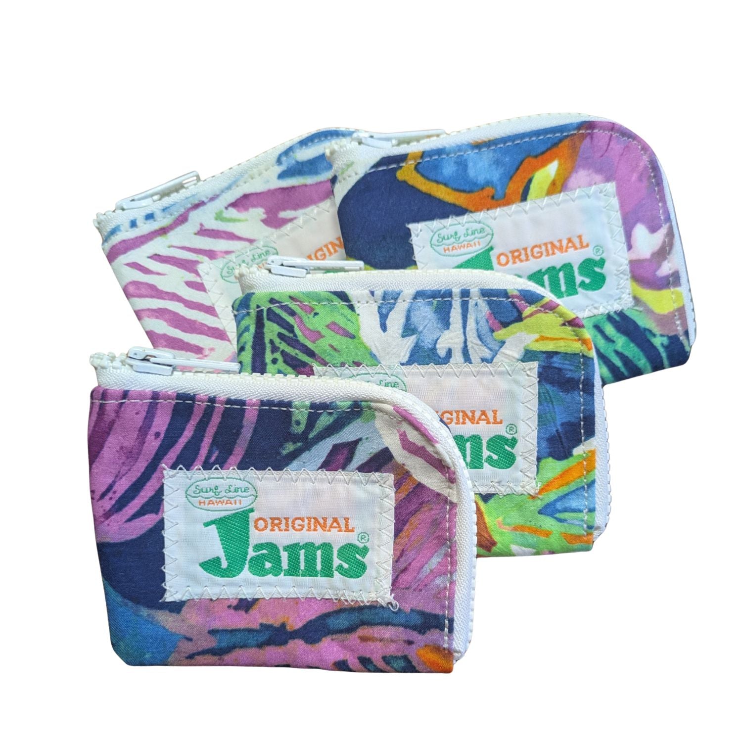 Bolsas coloridas con cremallera con la marca 'Original Jams' sobre un fondo blanco