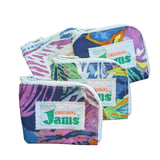 Bolsas coloridas con cremallera con la marca 'Original Jams' sobre un fondo blanco