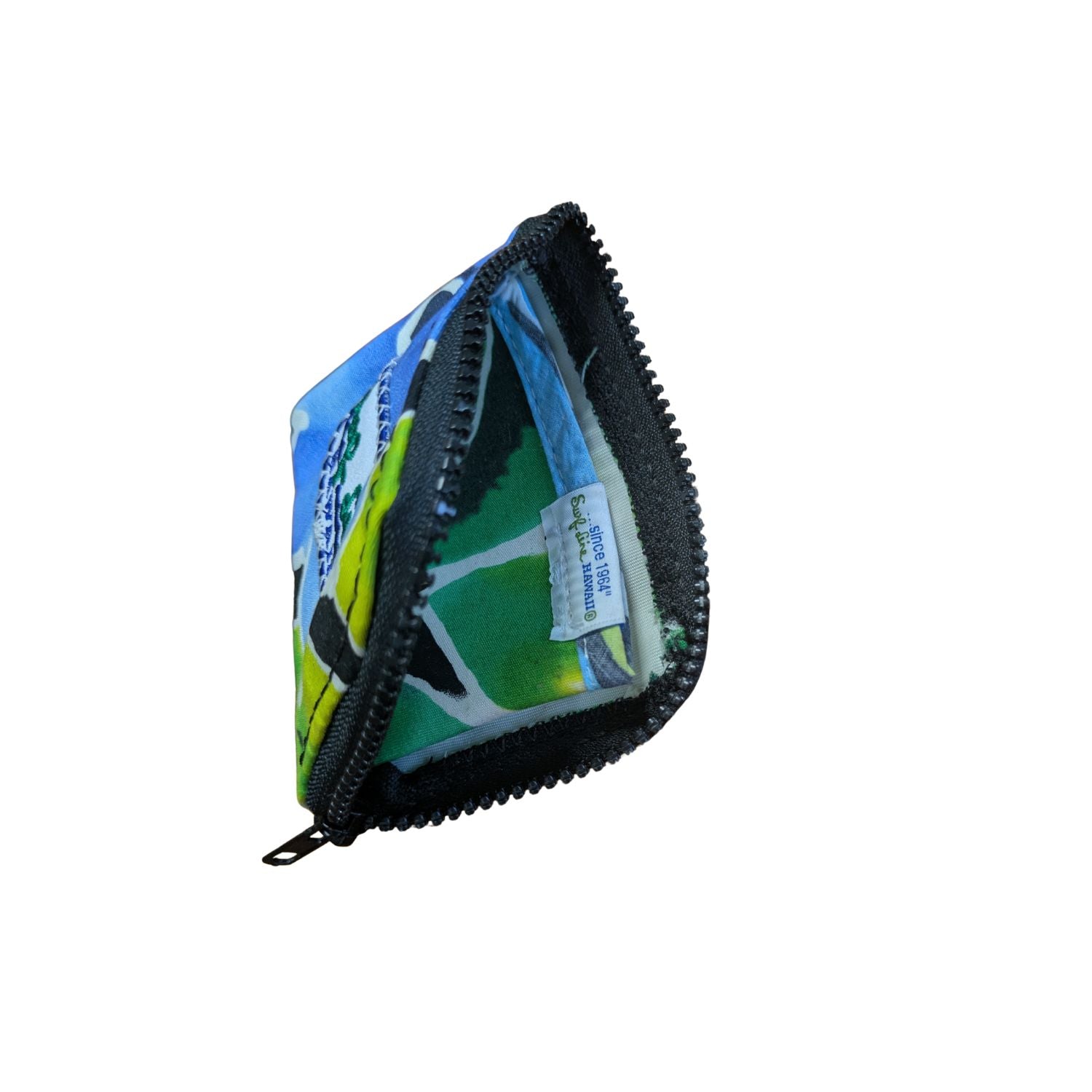 Pequeña bolsa negra con cremallera y un diseño colorido sobre un fondo blanco.