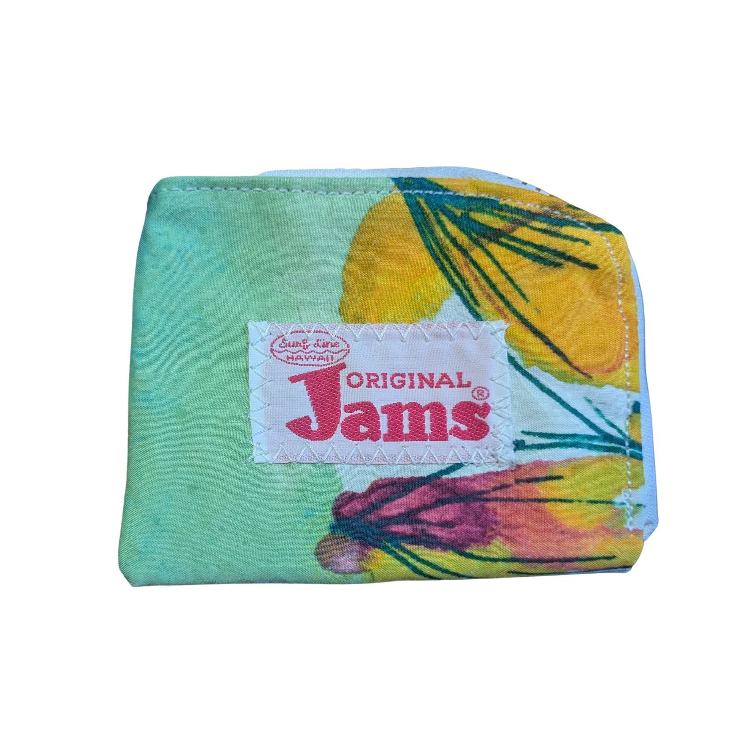 Colorful fabric pouch with 'Original Jams' label on a white background