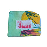 Colorful fabric pouch with 'Original Jams' label on a white background