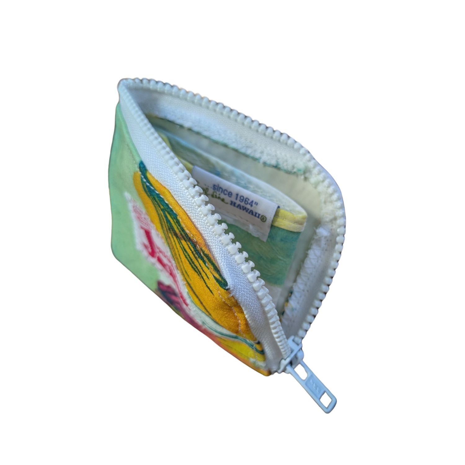 Floral-patterned zippered pouch on a white background