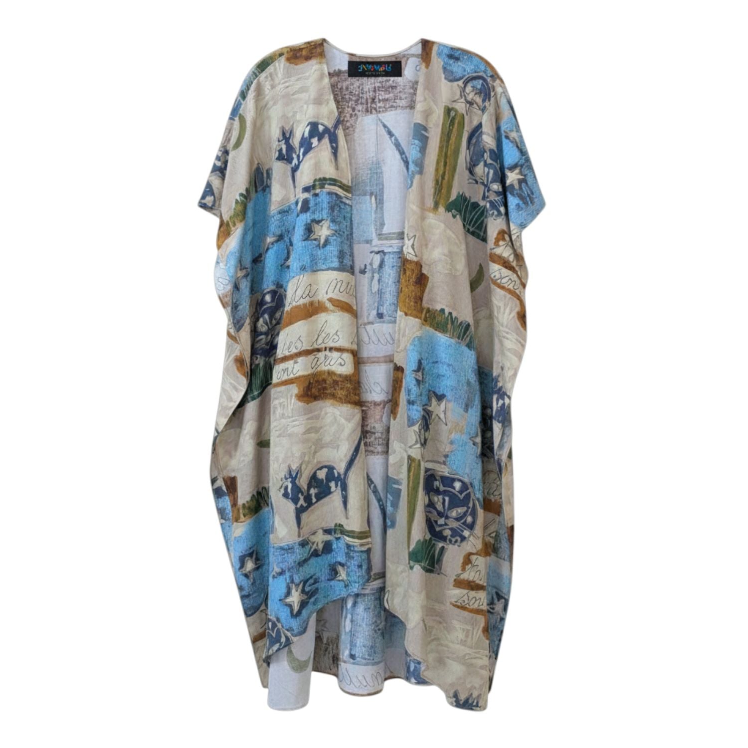 Colorful patterned kimono-style garment on a white background