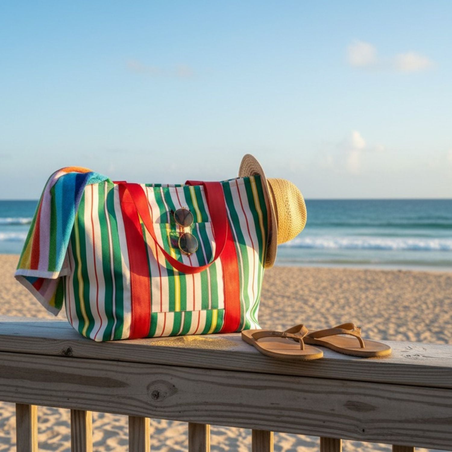 Un bolso de rayas de colores, un sombrero de paja y unas sandalias sobre un banco de madera en la playa.