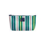 Bolsa a rayas con un logotipo colorido sobre un fondo blanco.