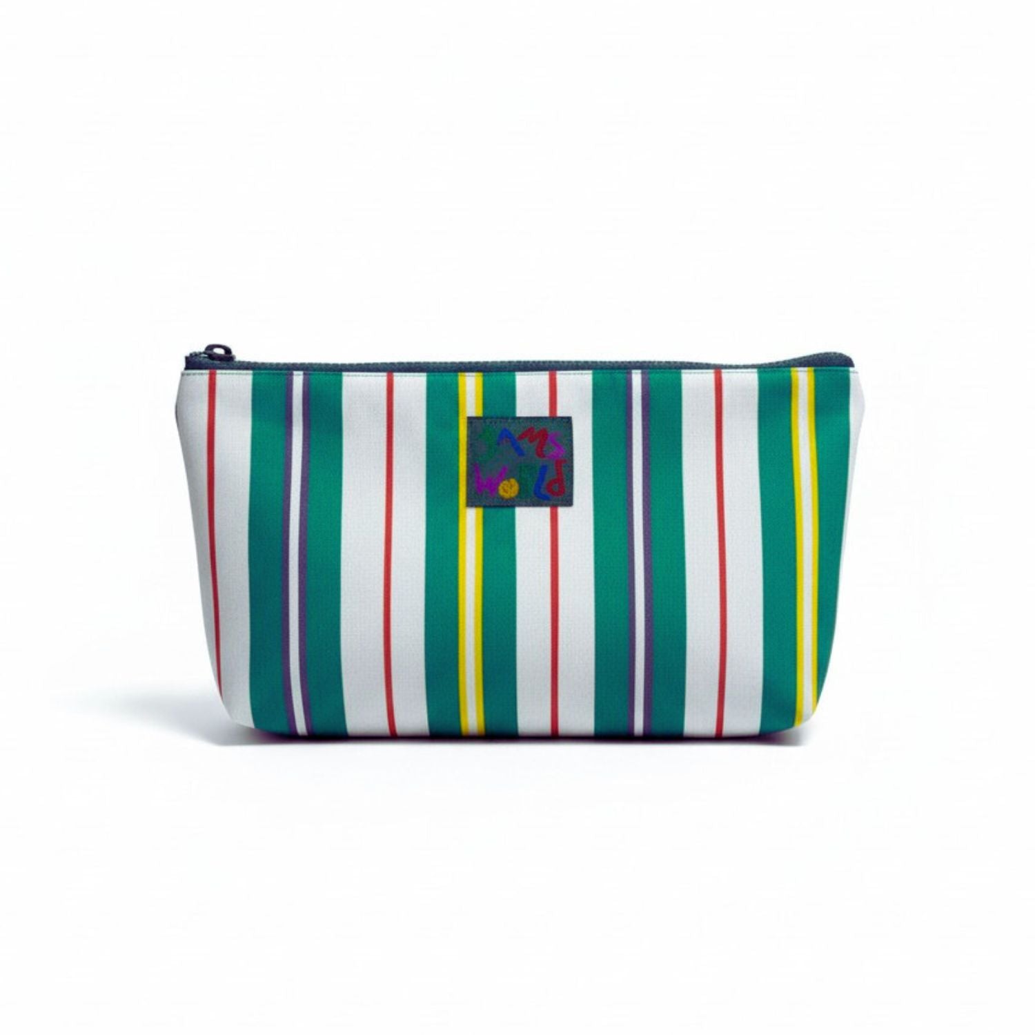 Bolsa a rayas con un logotipo colorido sobre un fondo blanco.