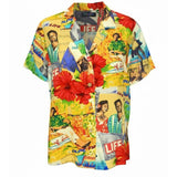 Colorful shirt with vintage magazine cover print on a white background