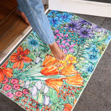 Colorful floral rug with a person stepping onto it