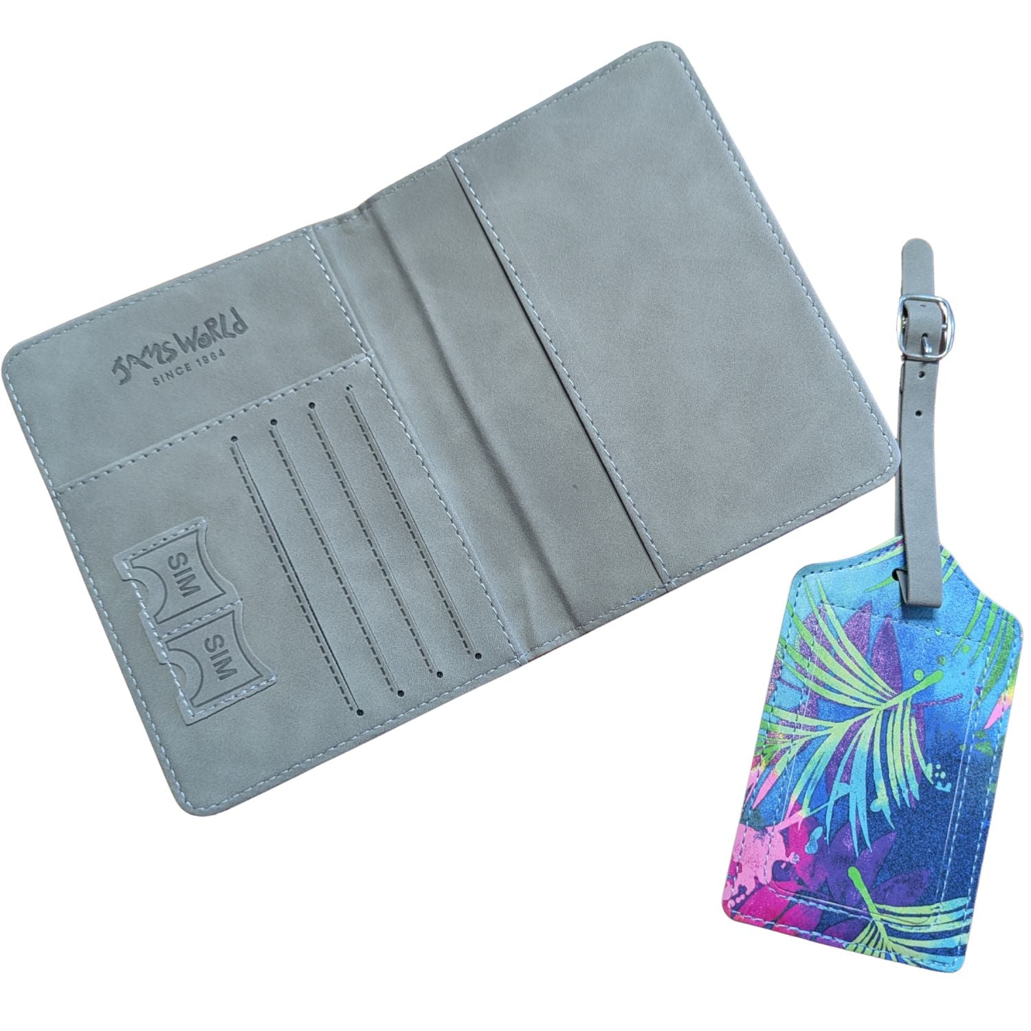 Gray travel wallet with a colorful luggage tag on a white background