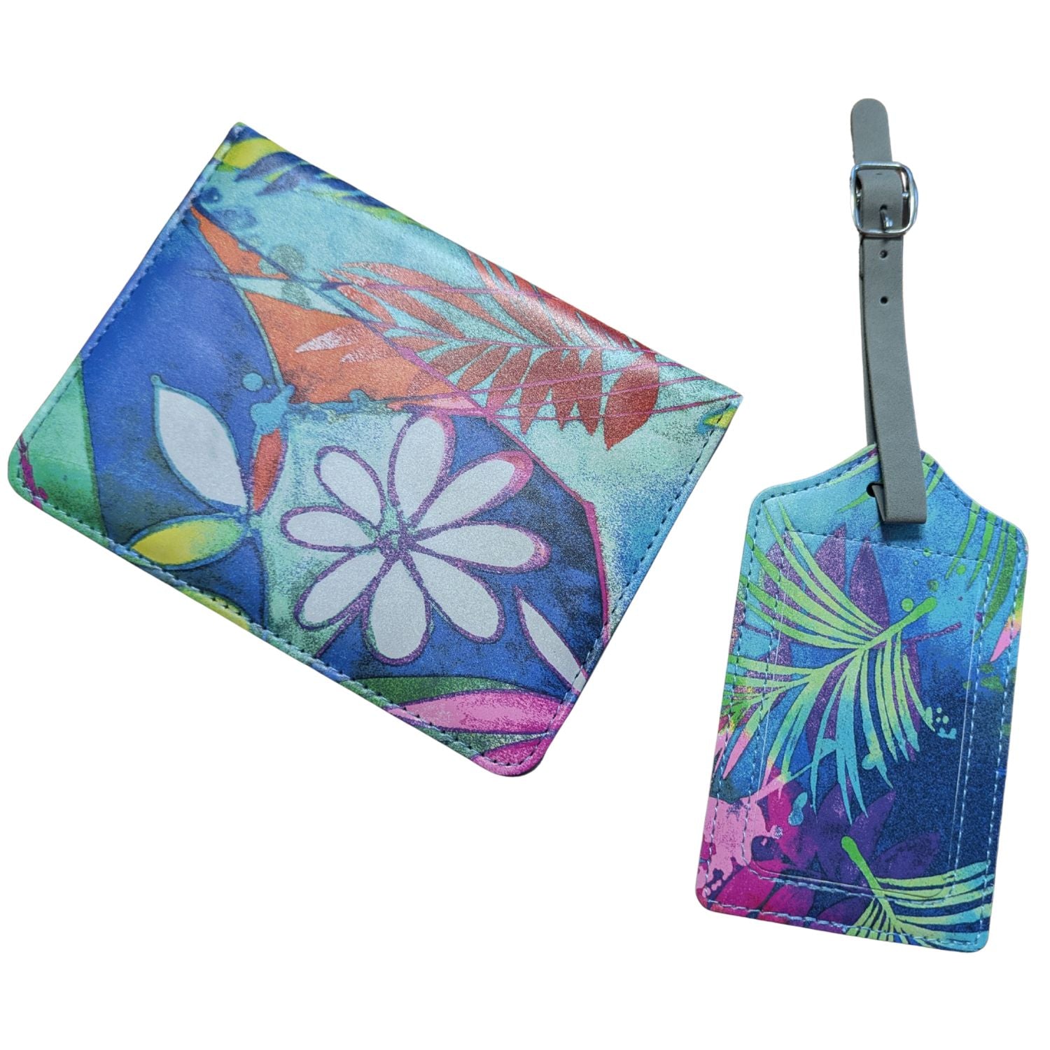 Floral and leaf patterned cardholder and luggage tag on a white background
