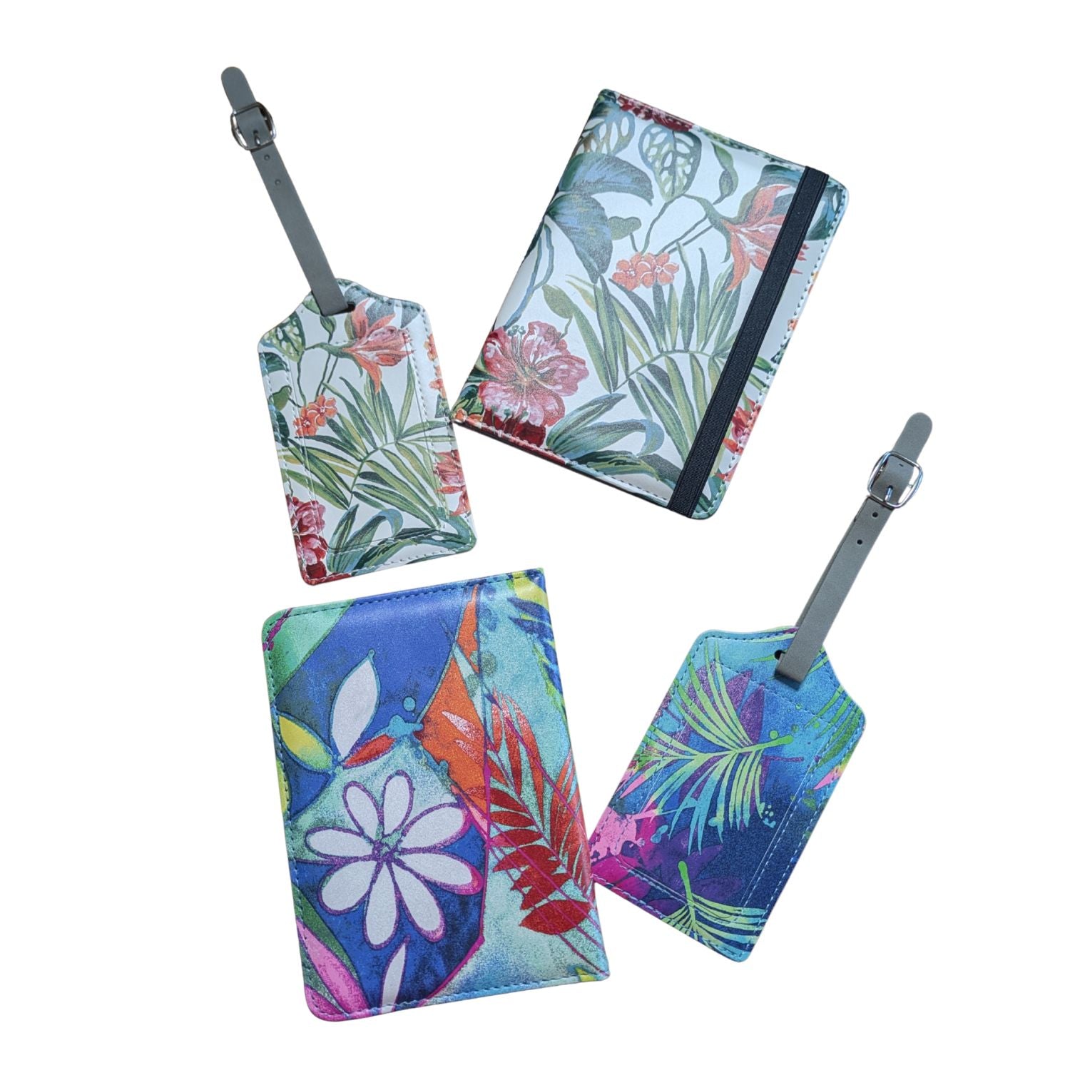 Set of floral-patterned luggage tags on a white background
