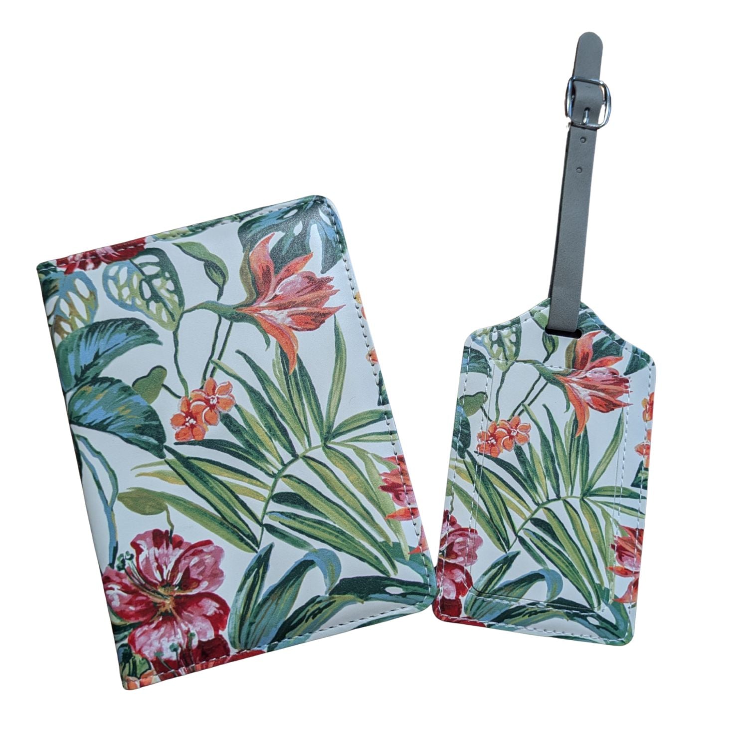 Floral-patterned luggage tag and card holder on a white background