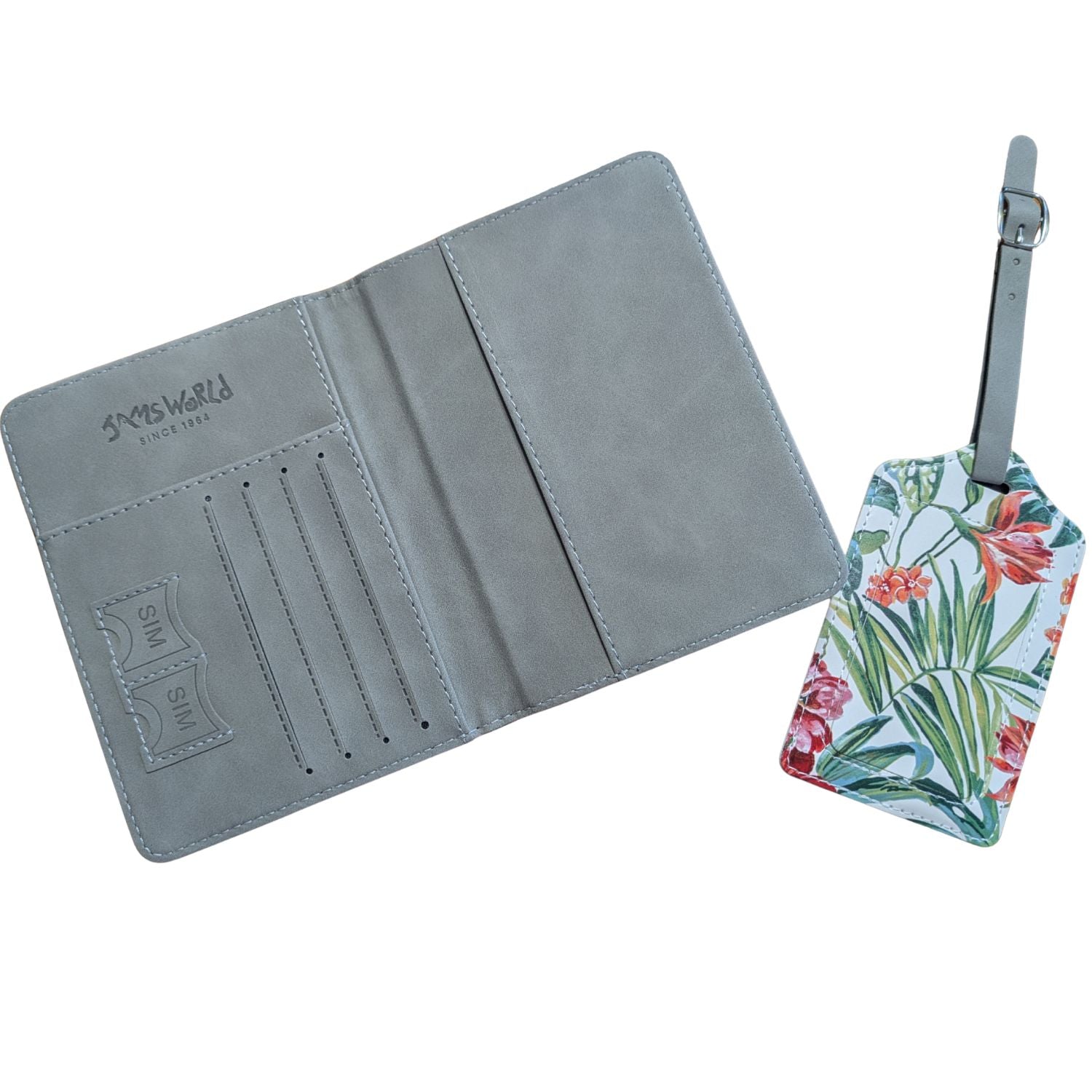 Gray travel wallet and floral luggage tag on a white background