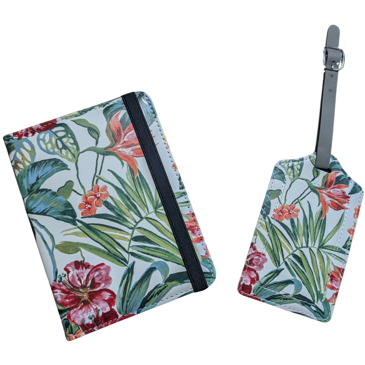 Floral-patterned luggage tag and pouch on a white background