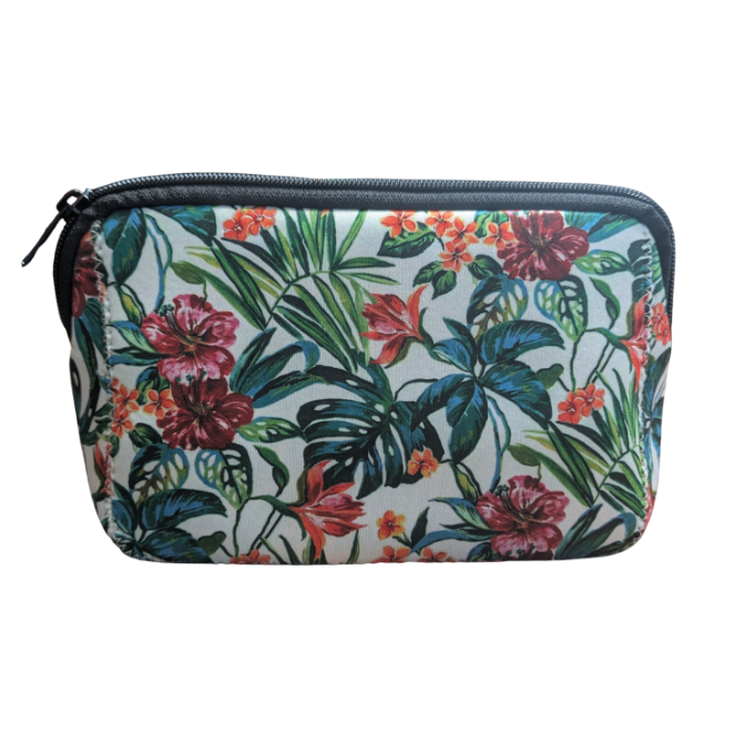 Floral patterned pouch with a zipper on a white background
