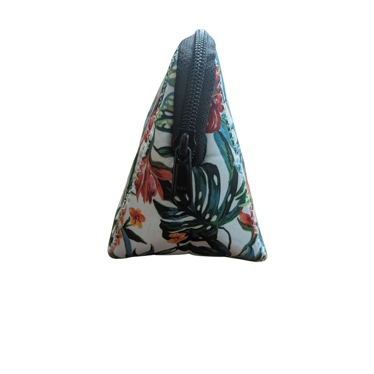 Triangular pouch with floral pattern and zipper on a white background