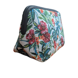 Floral-patterned pouch with a zipper on a white background