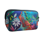 Colorful floral and leaf patterned pouch on a white background