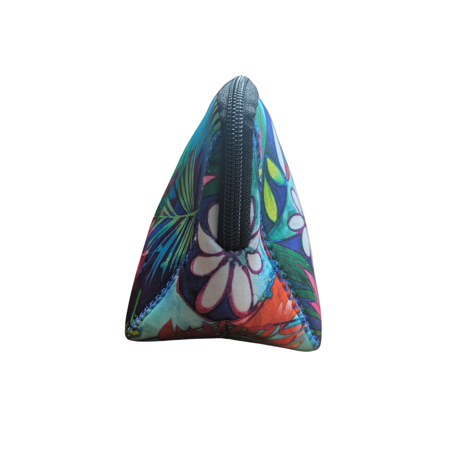 Colorful floral-patterned triangular pouch with a zipper on a white background