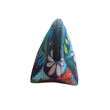 Colorful floral-patterned triangular pouch with a zipper on a white background