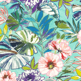 A close-up of a tropical floral pattern featuring pink, purple, green, and blue leaves and flowers on a light aqua background.