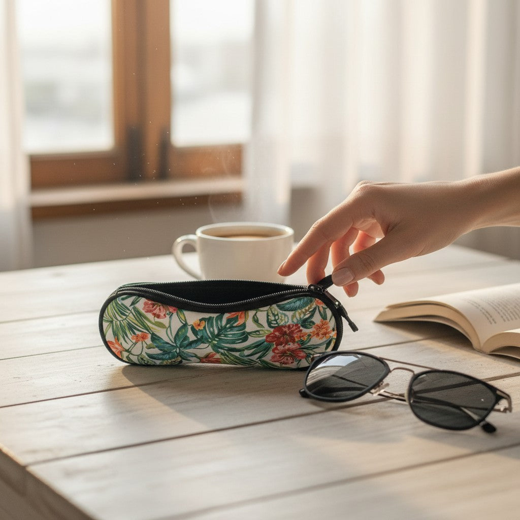 A floral-patterned zippered eyeglasses case sits on a light wooden table next to sunglasses, with a hand reaching toward it, a white coffee cup, and an open book in the background.