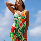 A woman wearing a sleeveless V-neck dress with a colorful floral print, photographed outdoors against a blue sky with clouds.