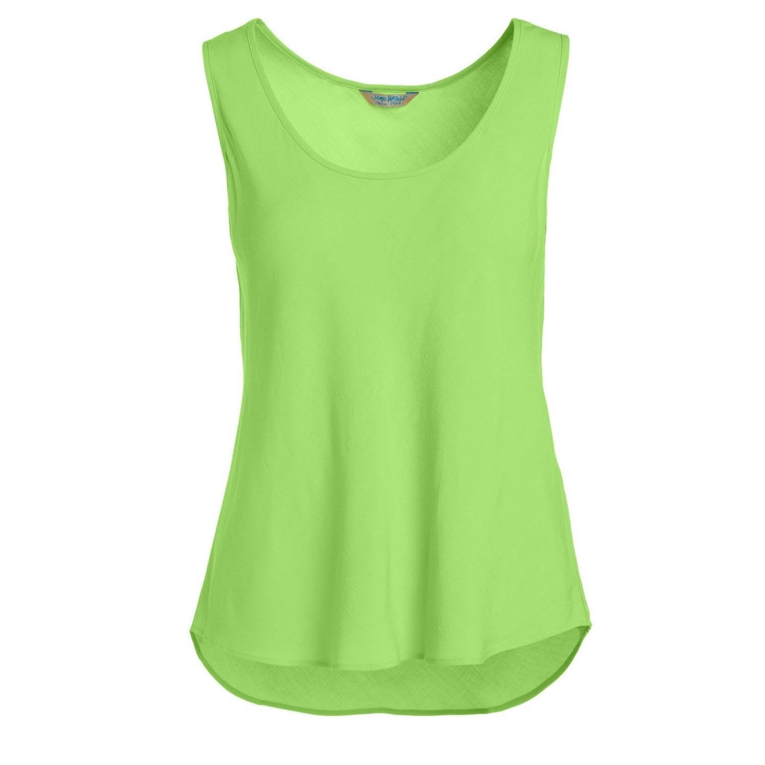 A bright lime green sleeveless scoop-neck tank top with a curved hem, displayed against a solid white background.