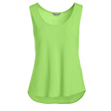 A bright lime green sleeveless scoop-neck tank top with a curved hem, displayed against a solid white background.