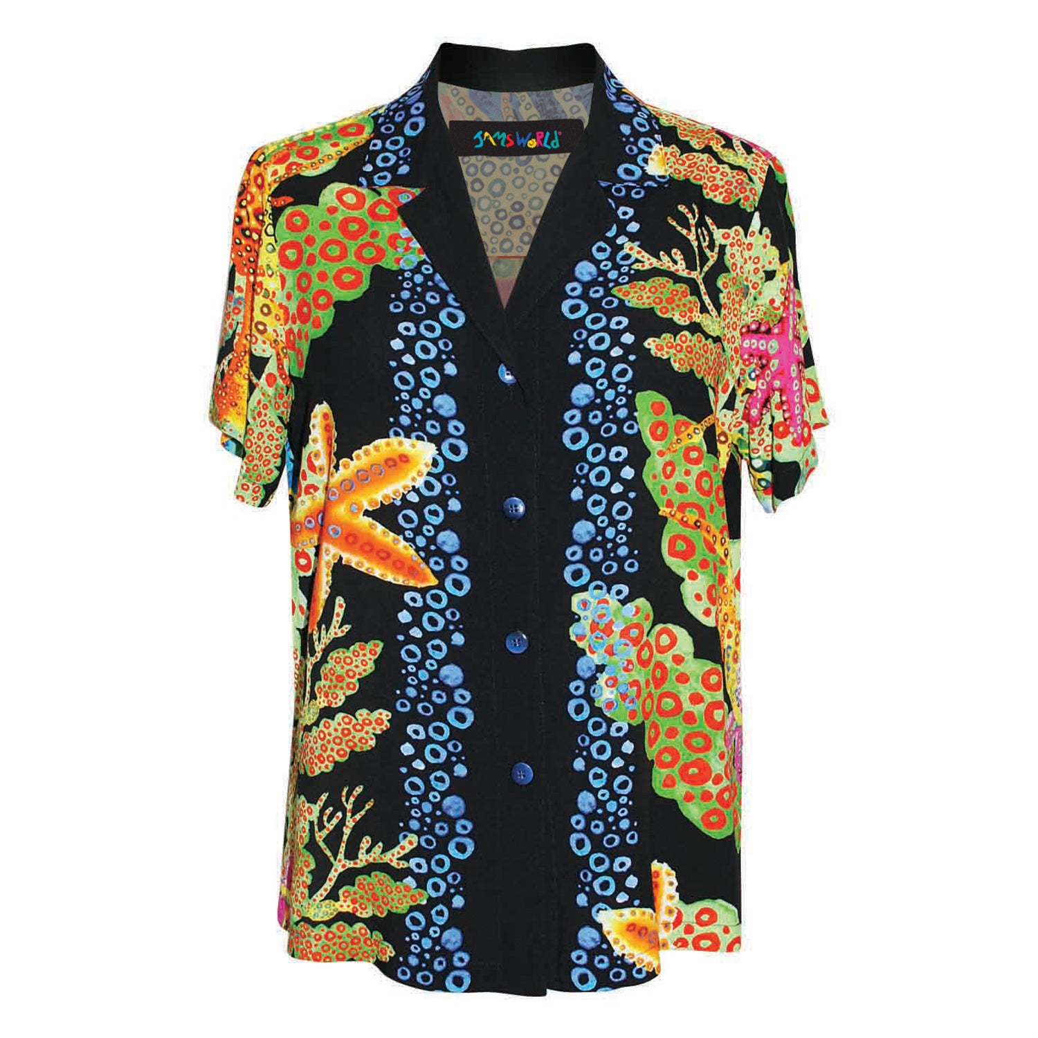 A  short-sleeve button-up shirt with a black base and a vibrant, multicolored tropical print featuring orange, yellow, green, and blue motifs, displayed on a clean white background.