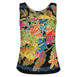 A sleeveless tank top with a vibrant, multicolored abstract pattern featuring starfish, coral, and dots on a black background, shown against a plain white backdrop.