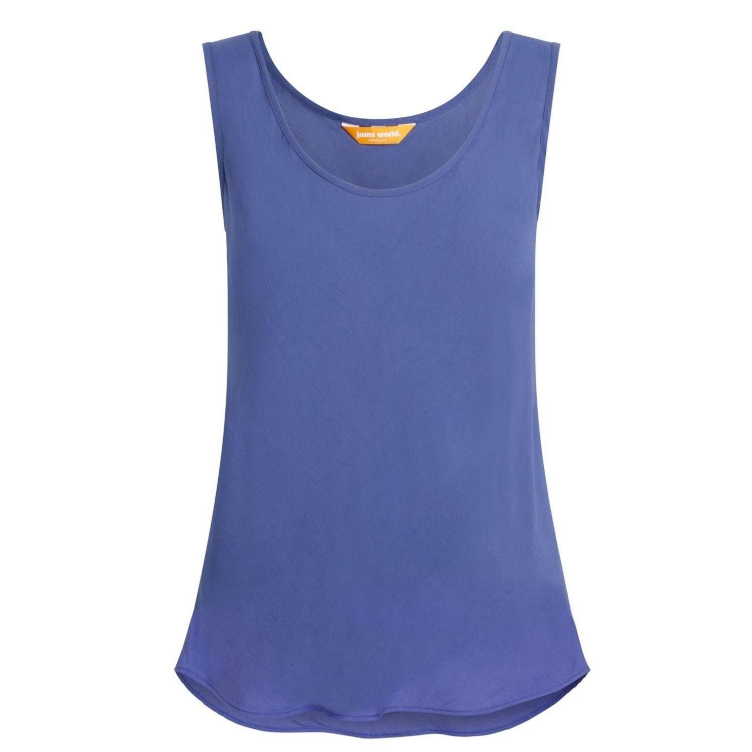 A sleeveless scoop-neck tank top in a medium periwinkle blue color, shown against a plain white background.