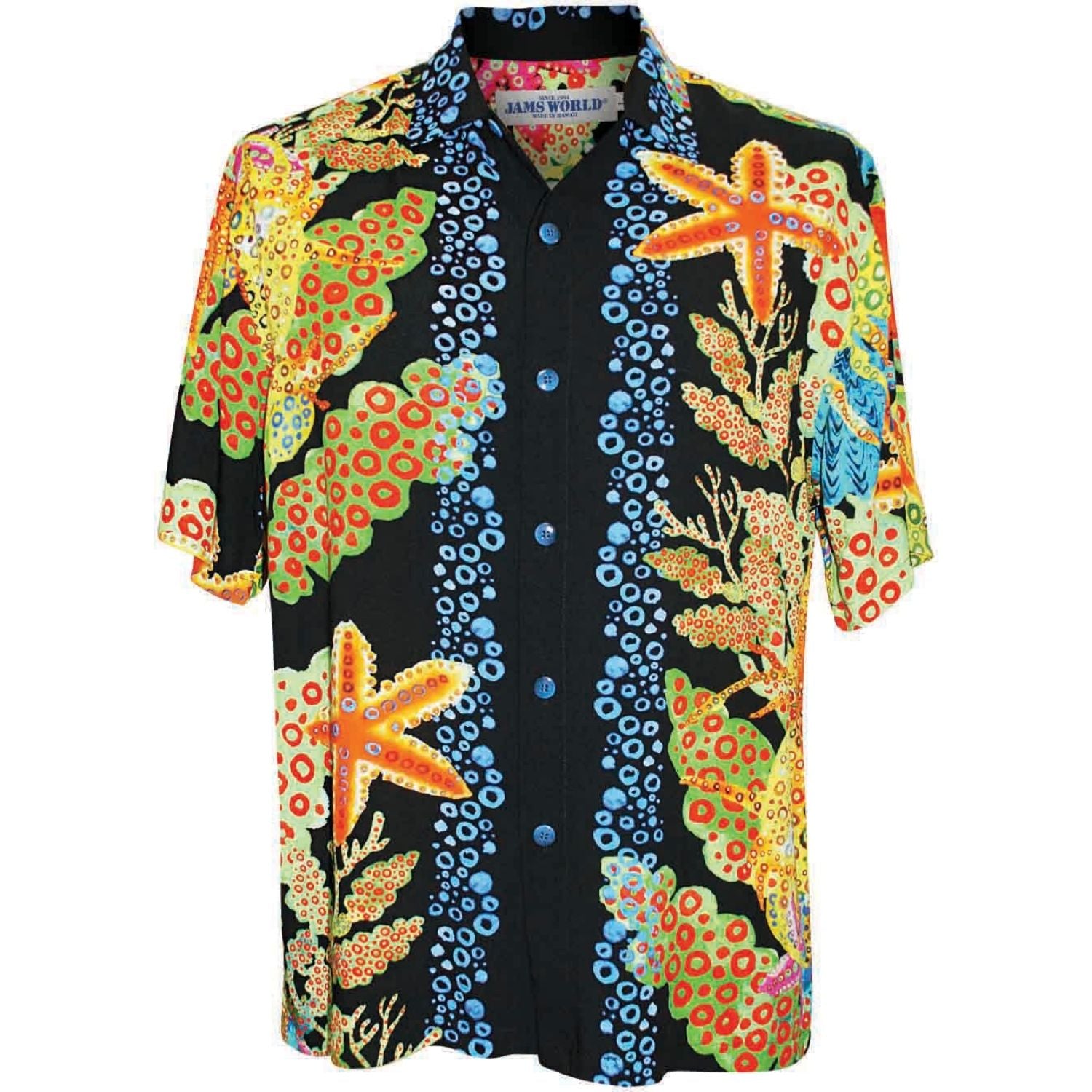 A short-sleeve button-up shirt by Jansc World featuring a vibrant tropical ocean theme with orange starfish, green coral, and blue bubble patterns on a black background.