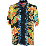 A short-sleeve button-up shirt by Jansc World featuring a vibrant tropical ocean theme with orange starfish, green coral, and blue bubble patterns on a black background.