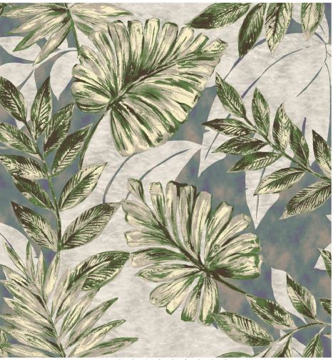 A tropical leaf pattern featuring large monstera and palm leaves in green and cream on a textured light gray background.