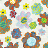 Primer plano de un colorido estampado floral sobre un fondo texturizado de color blanco roto, con flores dibujadas a mano en tonos naranja, azul, rosa, amarillo y rojo.