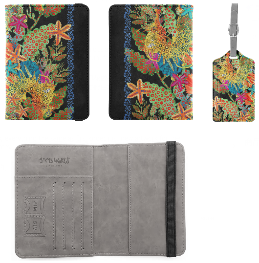 A travel wallet set shown from multiple angles on a white background. The set includes a folio wallet, a matching luggage tag, and an open interior cardholder.