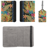 A travel wallet set shown from multiple angles on a white background. The set includes a folio wallet, a matching luggage tag, and an open interior cardholder.