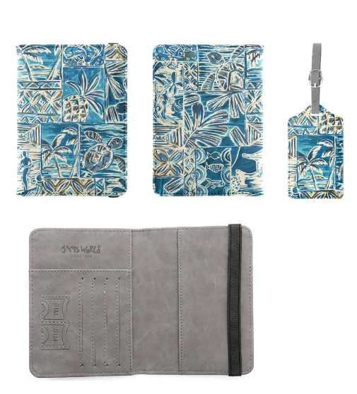 A travel wallet set by Skyways featuring a blue and white tropical palm tree print, shown in both closed and open states, along with a matching luggage tag.