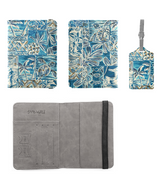 A travel wallet set by Skyways featuring a blue and white tropical palm tree print, shown in both closed and open states, along with a matching luggage tag.