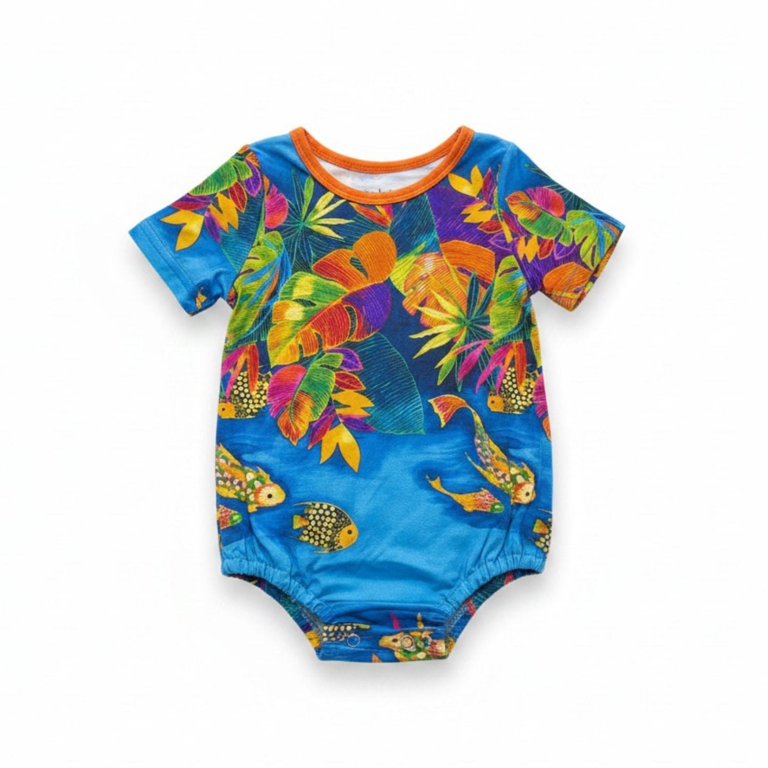 A short-sleeve baby bodysuit featuring a vibrant tropical print with colorful palm leaves and fish on a bright blue background, finished with an orange crew neck.