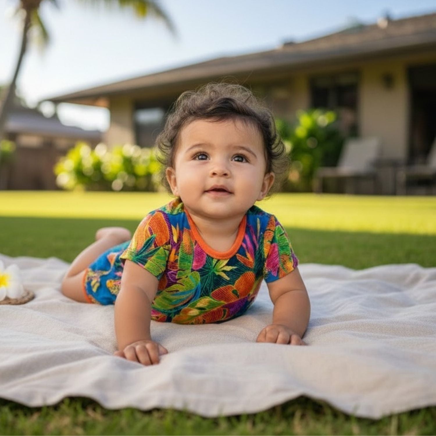A baby lying on a white blanket on a grassy lawn, wearing a colorful tropical leaf print romper with a bright orange collar. The background shows a sunny backyard with a house and palm tree.