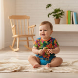 A baby sitting on a cream knit blanket in a bright room, wearing a colorful tropical print short-sleeve romper. The baby is holding a wooden teething toy.