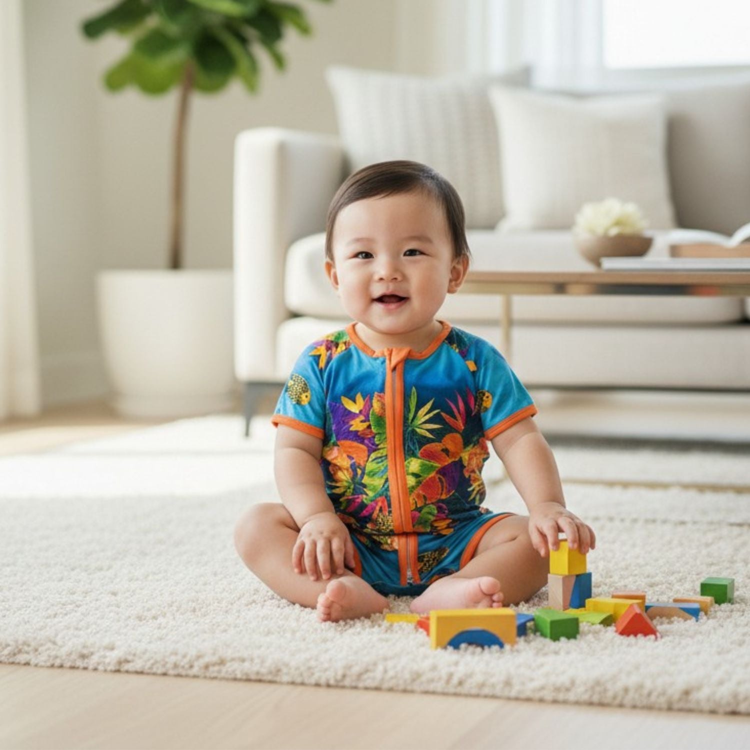 A baby sitting on a white rug in a bright living room, wearing a colorful tropical print one-piece swimsuit or romper. The swimsuit is bright blue with orange trim and a multicolor floral/tropical pattern.